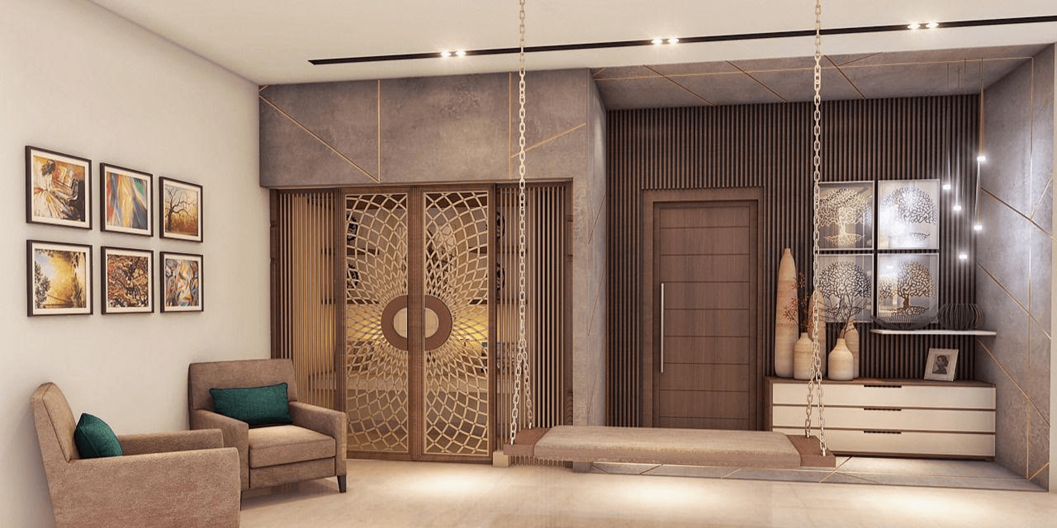 Decorative wooden partition with circular lattice design