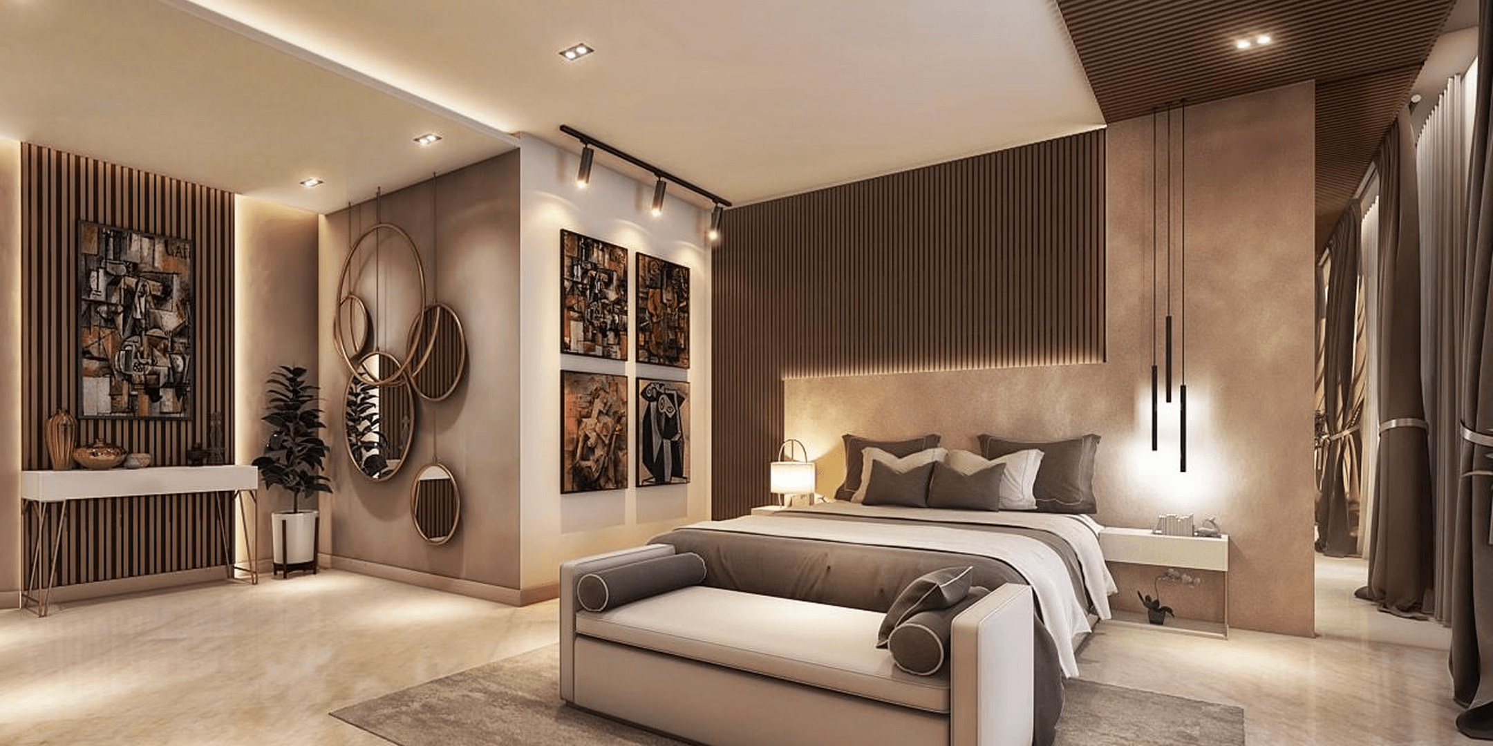 Colorful framed abstract paintings and cozy armchairs