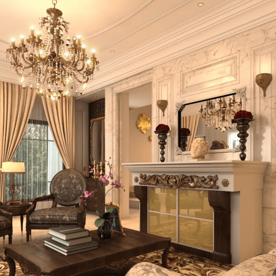 Luxury living room interior design with ornate detailing and classic chandelier