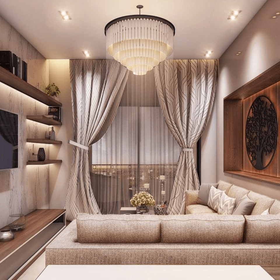 Contemporary Indian home with neutral-themed living space and layered lighting