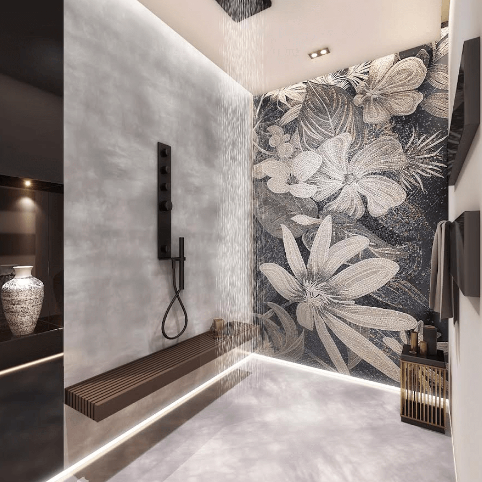 Stylish bathroom design with floral wall art and minimalist shower setup
