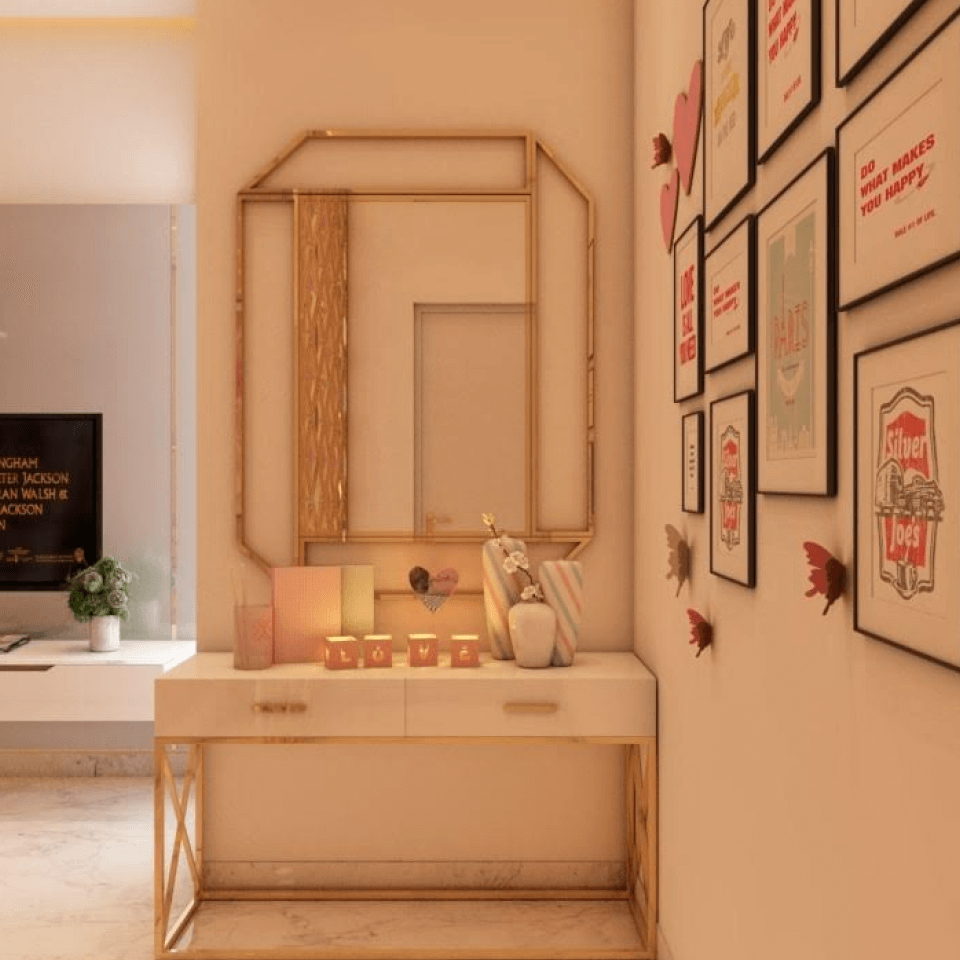 Warm-toned vanity area with mirror wall and creative decor accents