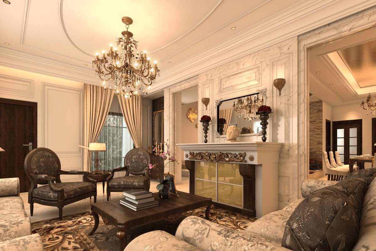 Traditional Indian living room with carved wood furniture in Bangalore villa
