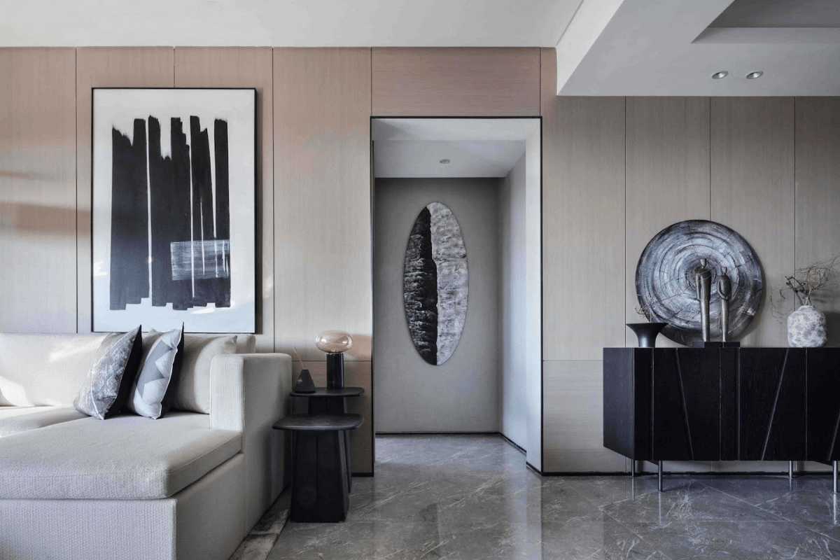 Contemporary luxury villa living room and open kitchen in Bangalore