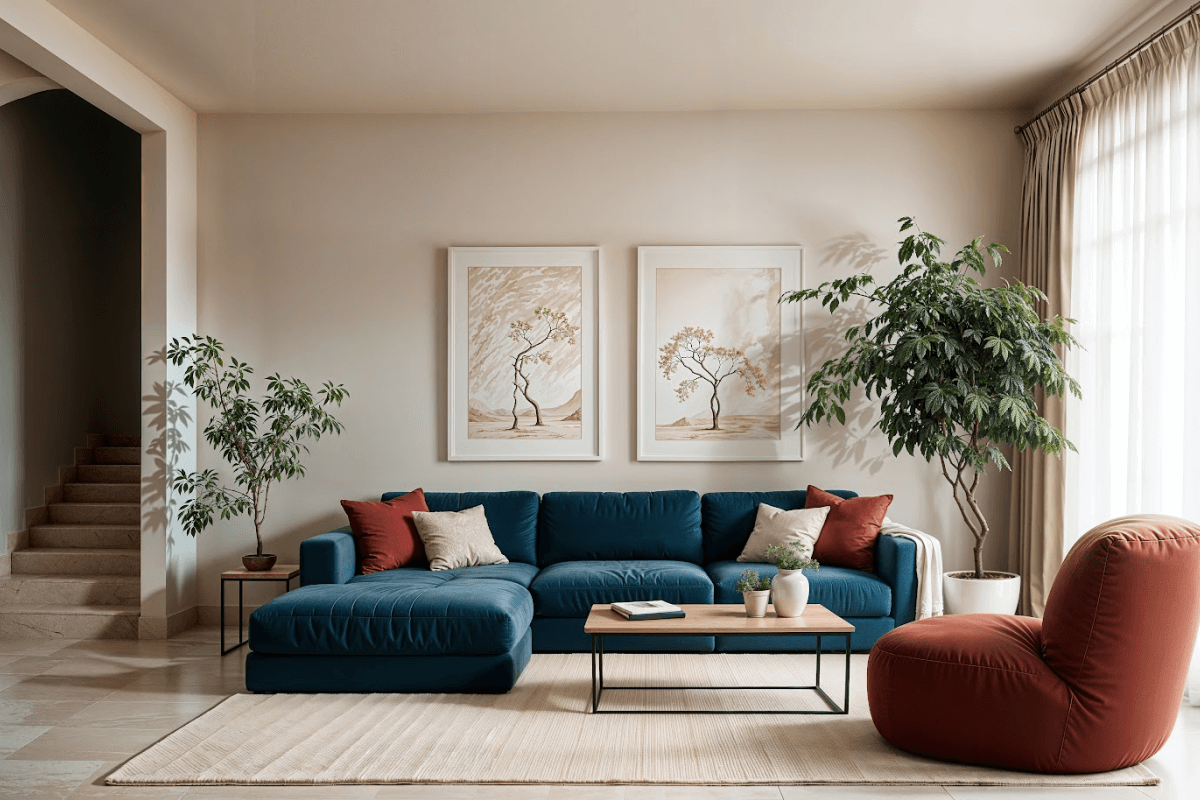 Contemporary living room with modern sofa, lighting, and decora