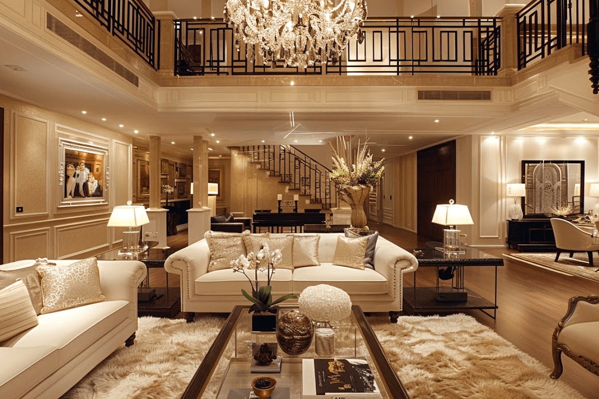 Opulent bedroom interior with velvet furnishings and statement lighting