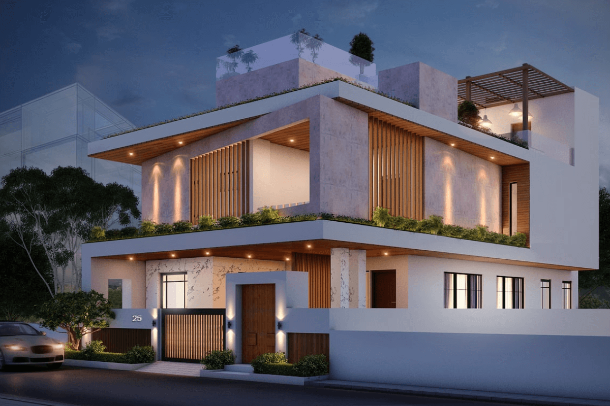 Modern home facade with clean lines, natural light, and green space